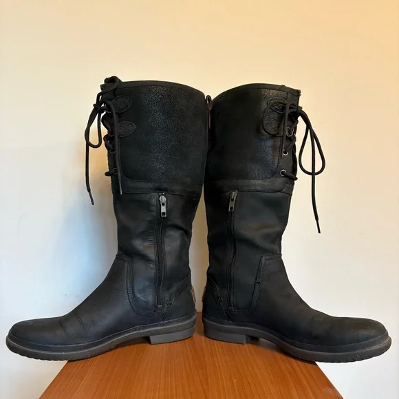UGG Elsa Tall Waterproof Leather Boots Black Women’s 9 Equestrian Sleek Utility - Picture 6 of 9